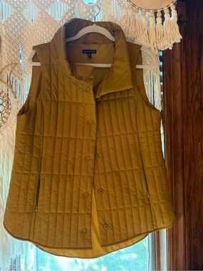 Eileen Fisher camel mustard gold channel recycled nylon vest snap buttons $276 M